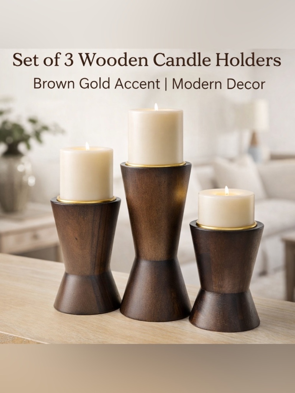 Project 62 Brown Wooden Candle Holder Trio with Gold Rim